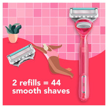 Neon pink women’s manual razor with two refill cartridges for smooth shaves
