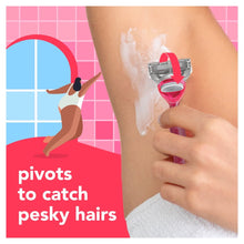 Neon pink women’s manual razor with shaving foam, showing 5-blade cartridge