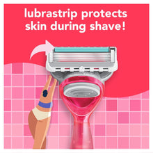Neon pink women’s manual razor with 5-blade cartridge head close-up