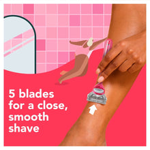 Neon pink women’s manual razor held on skin, showing 5-blade cartridge