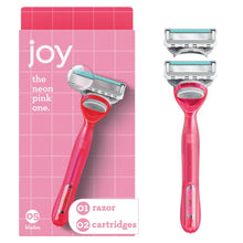 Neon pink women’s manual razor with 5-blade cartridge head and handle
