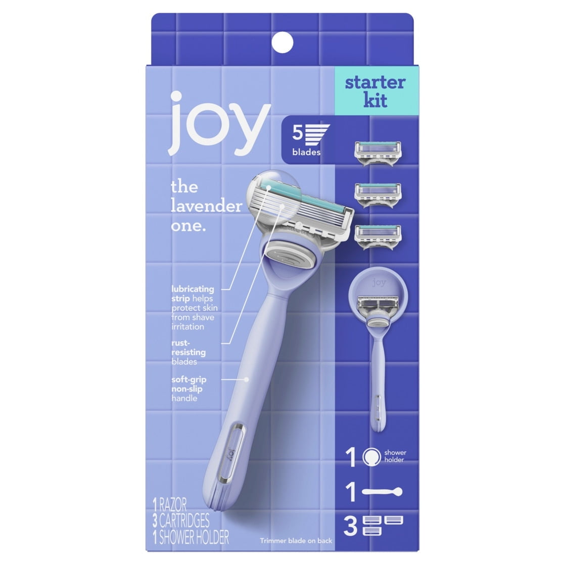 joy lavender razor for women, shave kit with 1 handle + 3 razor blade refills, includes shower holder