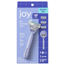 Lavender shaving razor starter kit package with handle and cartridges pictured