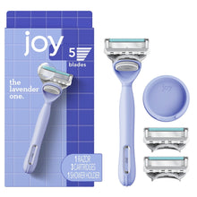 Lavender shaving razor set with handle, cartridges, and shower holder shown on box
