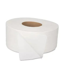 White jumbo 2-ply toilet paper roll with sheet end hanging from front