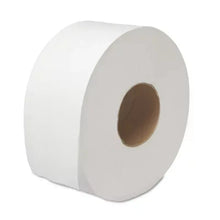 White jumbo 2-ply toilet paper roll with brown core, angled view