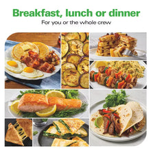 Electric griddle meal assortment graphic with breakfast, lunch, and dinner plates