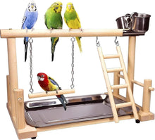 Wooden parrot play stand with ladder, metal feeder cups, hanging chains, and colorful birds
