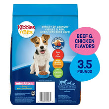 Dry dog food bag back panel, crunchy mini bits, beef & chicken flavors, 3.5 pounds