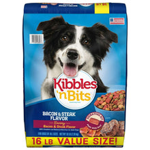 Dry dog food bag with black-and-white dog and bacon & steak flavor label