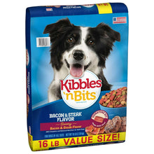 Dry dog food bag featuring black-and-white dog, bacon & steak flavor, 16 lb size