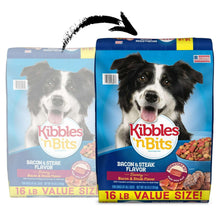 Two dry dog food bags side by side featuring dog portraits and bacon & steak flavor