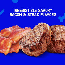 Dry dog food flavor photo showing bacon strips and steak pieces