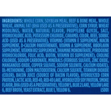 Dry dog food bag ingredients label panel with long ingredient list text