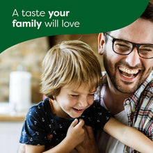 Family smiling together with green banner text above them