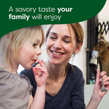 Mother and child smiling with green banner text above them