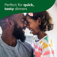 Father and child smiling together with green banner text above them