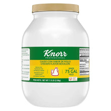 Chicken flavor bouillon jar with beige lid and green label, front view