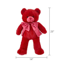 Red bear plush with large pink satin bow at the neck