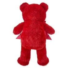 Red bear plush back view with pink satin ribbon bow tails