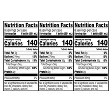 Nutrition facts label showing 8 servings per bottle and 140 calories