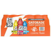 Assorted Gatorade Thirst Quencher 24-pack with four bottle colors on orange carton