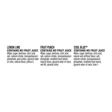 Flavor ingredient notes for Lemon Lime, Fruit Punch, and Cool Blue on label