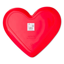 Bottom of red heart-shaped platter with label and recycling icons