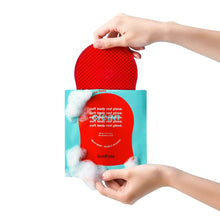 Red cleaning glove sachet held by hands, teal pack with foam