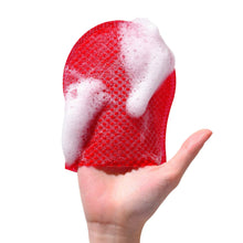 Red textured cleaning glove with white foam on the palm