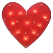 Red heart window silhouette with warm light dots and perforated bulb points