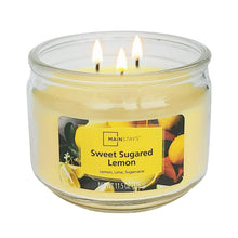 Yellow Sweet Sugared Lemon glass jar candle with three wicks lit