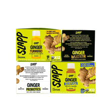 Organic booster shots variety pack box with SLAPP labels for ginger, turmeric, and probiotics