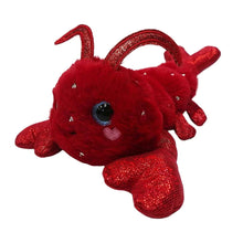 Red lobster plush with glittery body, big blue eyes, and small heart emblem
