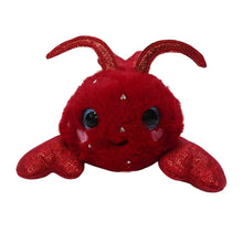 Red lobster plush with glittery legs, round blue eyes, and heart-shaped chest detail