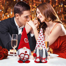Valentine plush gnome couple holding hands, red heart hat and patterned hat, decorative dolls