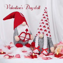 Valentine plush gnome dolls, one red hat and one patterned hat with white beard and ribbon bows