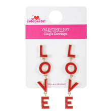 Valentine love letter earrings with red L, O, V, E charms on gold hooks