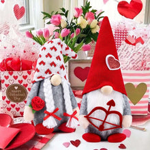 Valentine plush gnome doll pair, red and patterned hats with white beard, heart and ribbon details