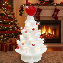 Ceramic LED Valentine tree decor with warm glow, red heart top and red heart ornaments