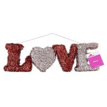Tinsel hanging decoration “LOVE” in red and silver with a heart, includes a decorative tag