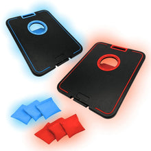 LED cornhole boards with illuminated rings and included blue and red bean bags