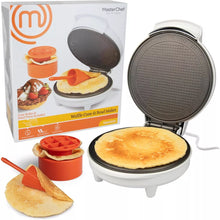 Waffle cone maker with round dark nonstick plates and hinge, open and ready