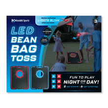 LED bean bag toss board set retail box with motion-activated lighting graphics