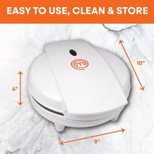 White waffle cone maker with top handle and round cooking plates