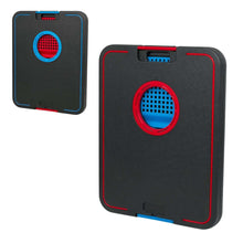 LED cornhole board set with red and blue frames and glowing circular targets