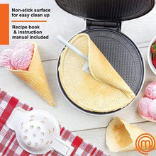 Waffle cone maker with open plates, waffle cone pressing tool, and finished cones