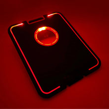 LED cornhole board with red glowing target ring and outlined corner light bars