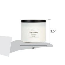 Cozy Comfort scented candle dimensions: 4 in wide, 3.5 in tall with black lid