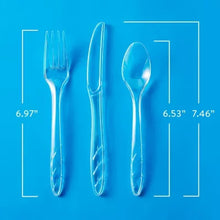 Clear plastic fork, knife, and spoon with size guides